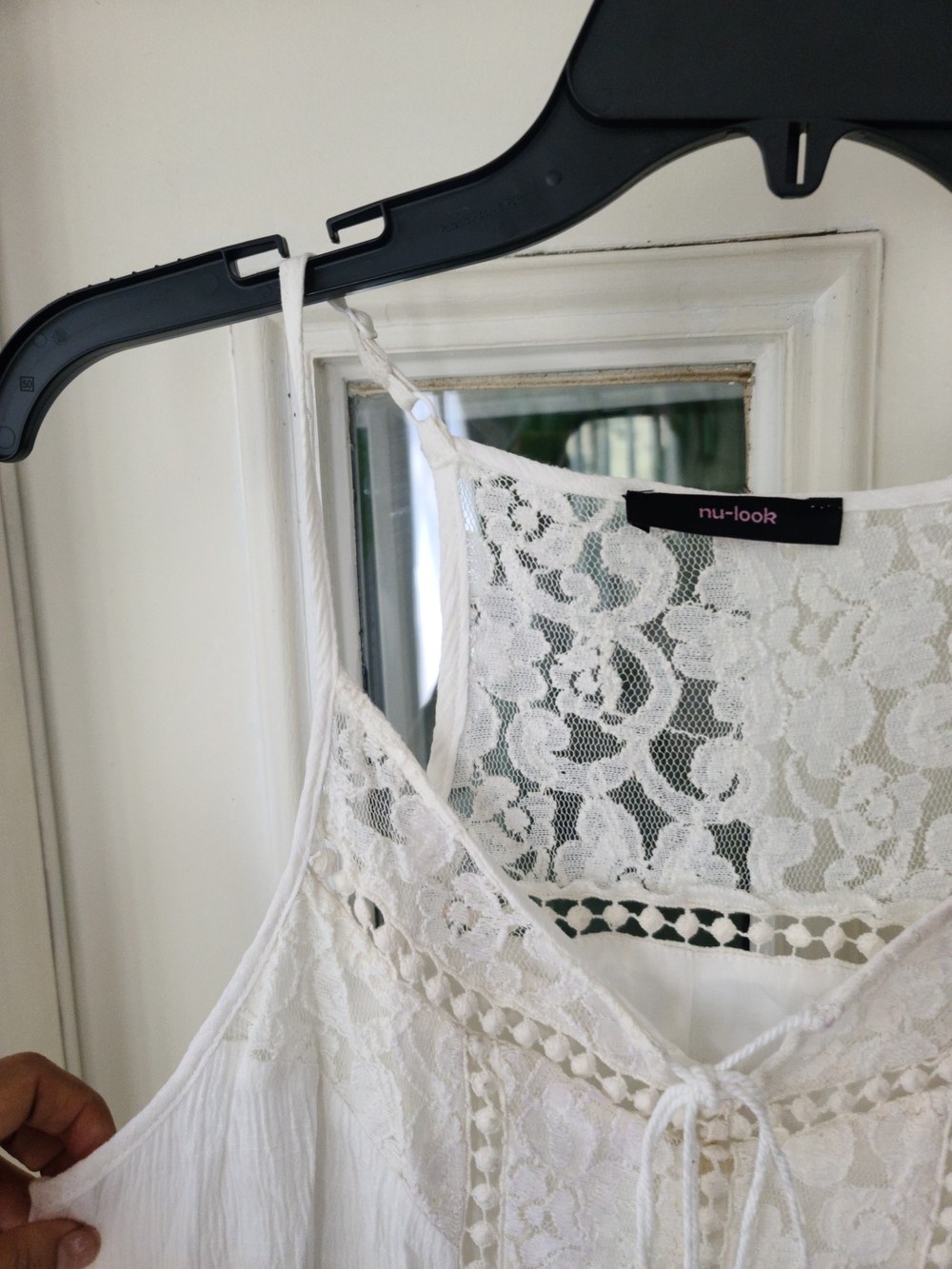 White Lace-Panel Mini Dress with Tassel Tie - Picture 5 of 6